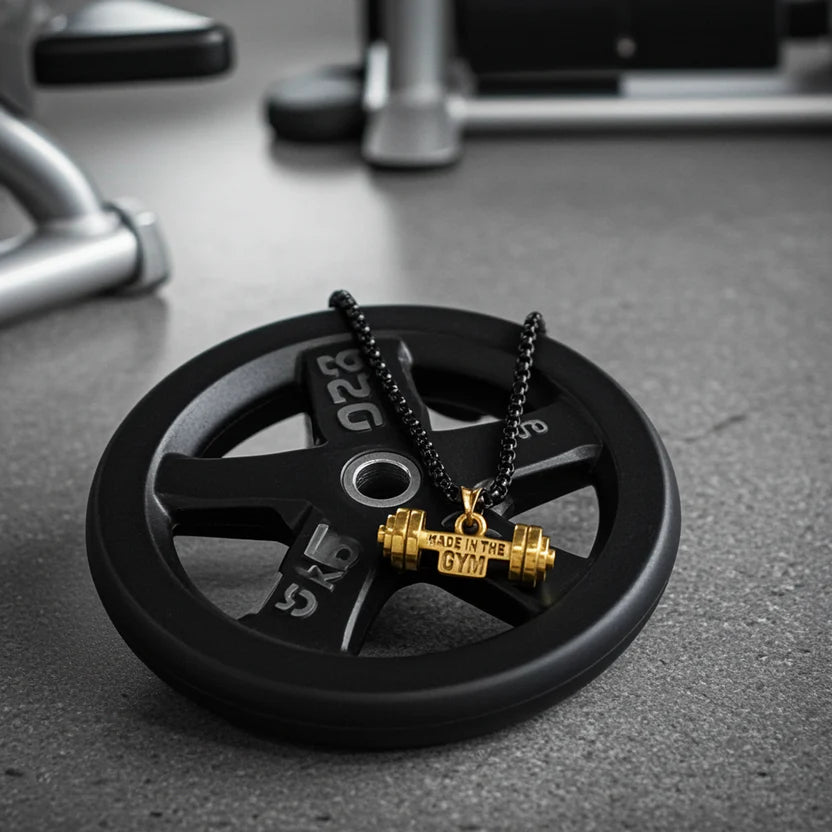 Gold 'Made in the Gym' necklace on a black gym weight plate with gym equipment in the background.