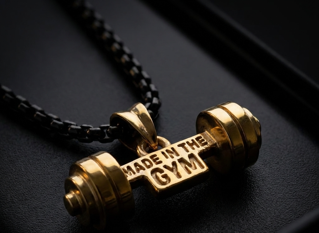 Gold dumbbell-shaped pendant with 'Made in the Gym' text on a matte black background